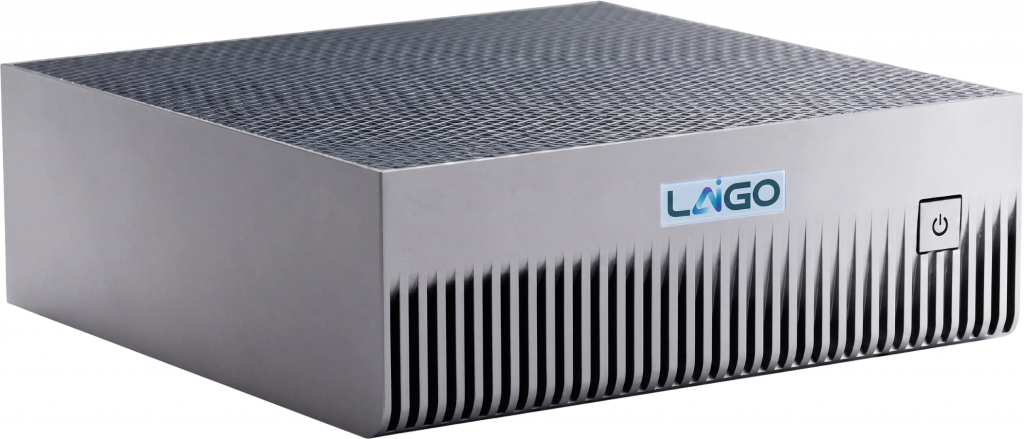 LAIGO GPT local AI appliance — brushed-aluminum compute unit with passive heatsink fins and mesh ventilation